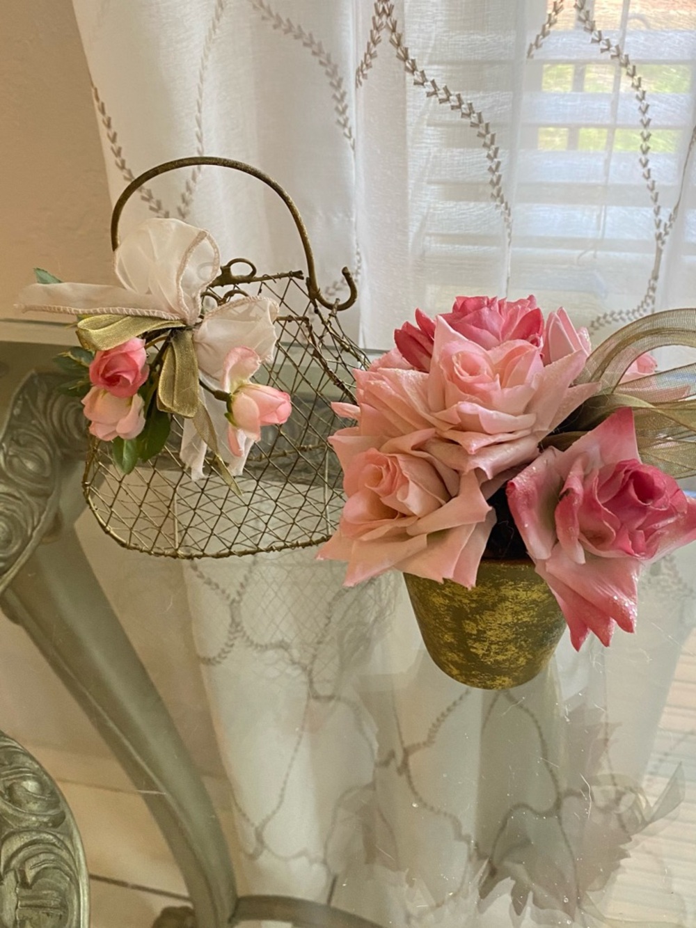 Pink Rose Faux Floral Arrangement in Gold Pot by
